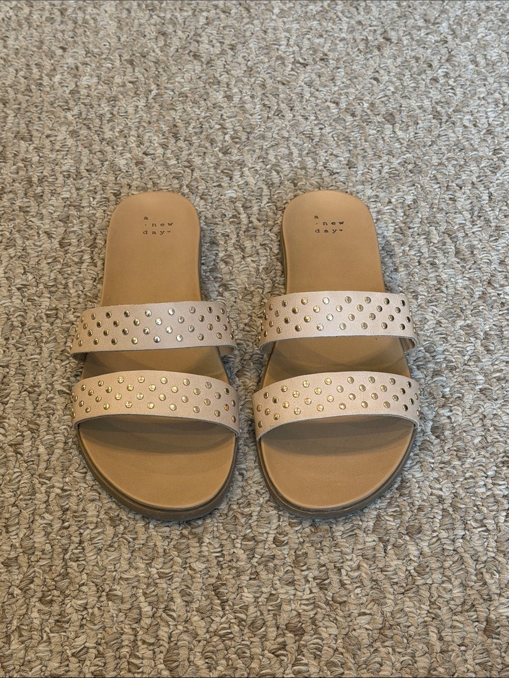 a new day Nude Double-Strap Slide Sandals with Gold Studs